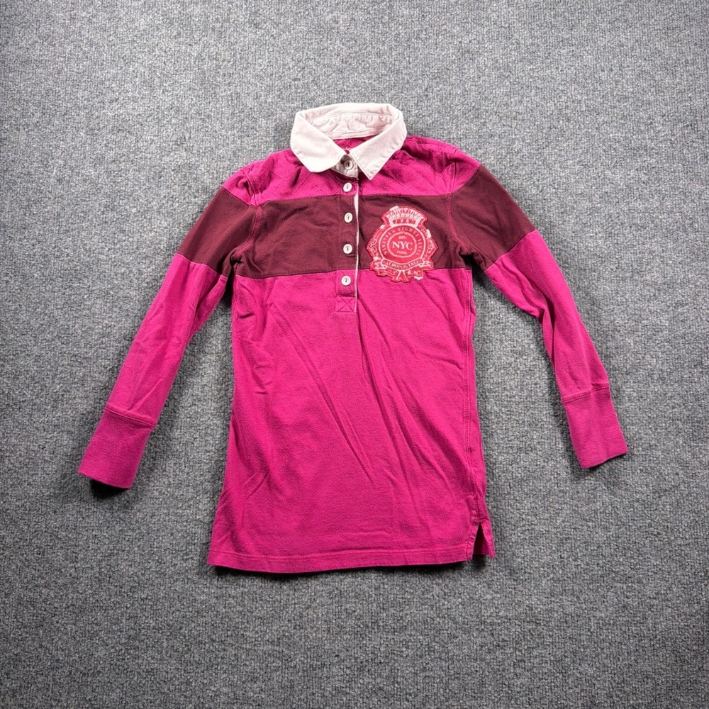 Y2K Aeropostale Rugby Shirt Womens XS Pink Burgundy NYC 1987 Long Sleeve Polo